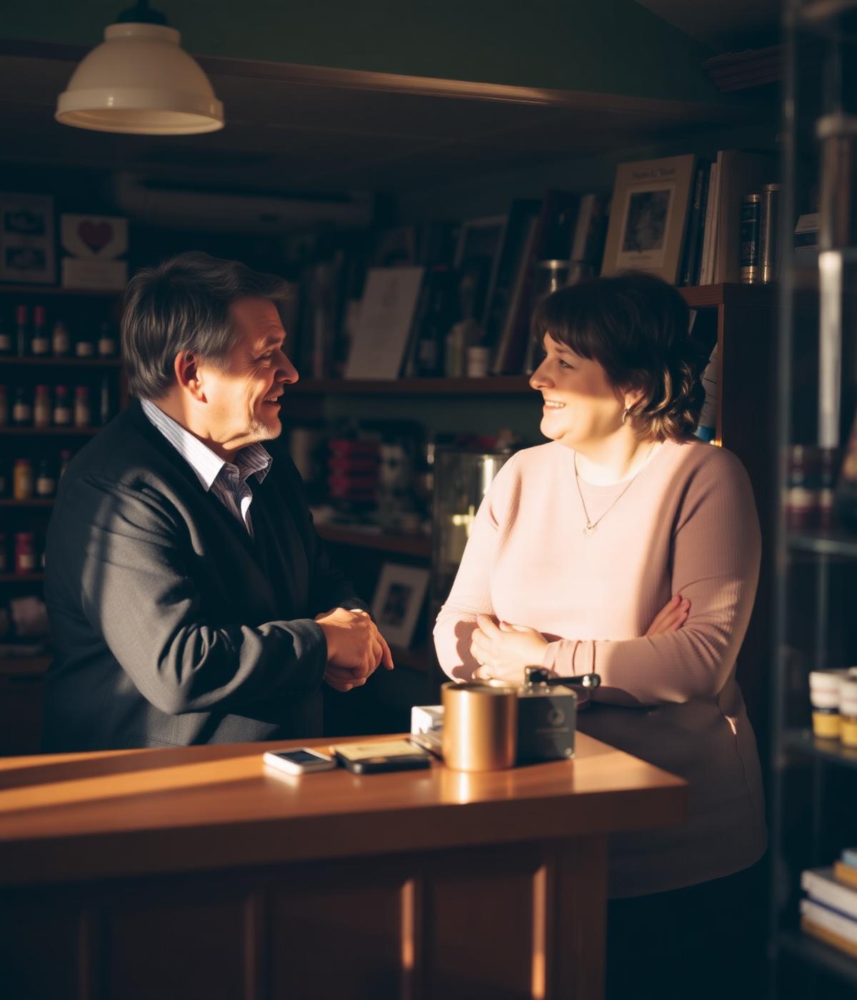 A shop owner talking with a customer across the counter